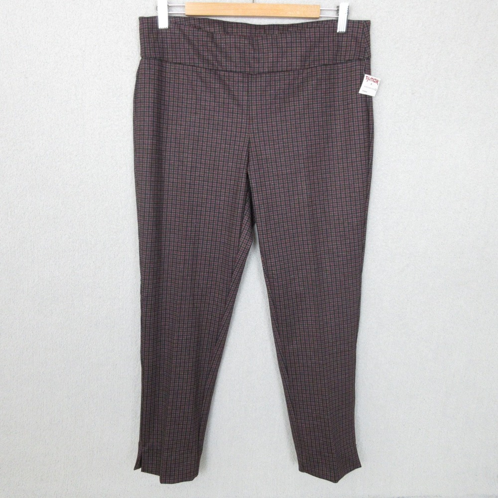 Zak & Rachel Womens Pull On Pants‎ Petite Large Dark Plaid Ankle Slit Hem